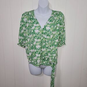 INC Faux Wrap Top Womens Size Medium Green White Side Tie